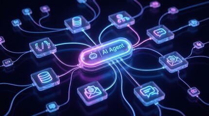 A technological 3D visualization of AI agentic workflow automation, nodes, and database triggers. © Sukon