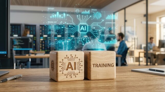Wooden blocks representing AI training with a futuristic digital network hologram in a corporate office.