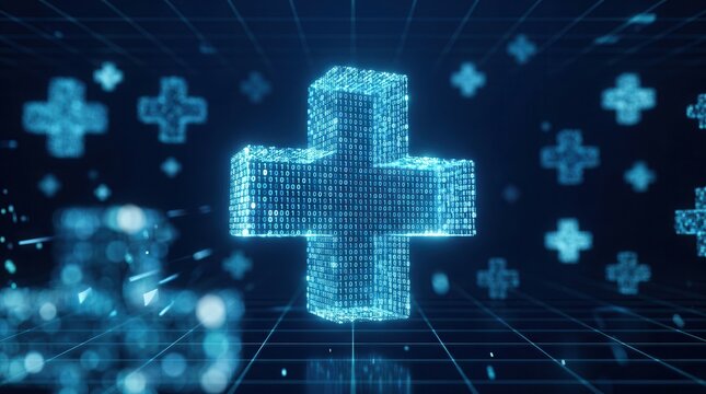 Digital pharmacy and medical data management concept with glowing 3D binary code crosses.