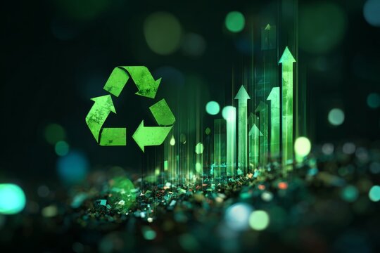 Embracing sustainability: a glimpse at our eco-friendly future. Business expansion. Lively eco imagery: a recycle sign surrounded by nature's hues. Financial success. Economic growth.
