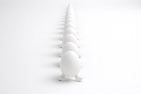 White eggs with legs are walking in a neatly arranged line, symbolizing concepts of conformity, following, organization, and a collective journey towards a common goal