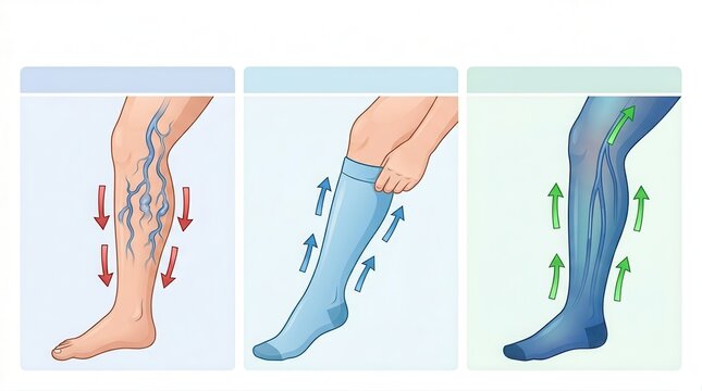 Infographic demonstrating how compression stockings promote healthy blood flow through three stages.