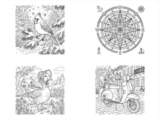 Naklejka premium Black and white illustrations, vintage style, 4 seasonal icons, set of drawings