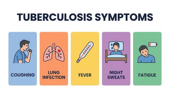 Public health communication material illustrating early detection of tuberculosis symptoms.