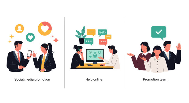 Three modern vector illustrations showing social media marketing, online customer support, and a diverse promotion team working together.