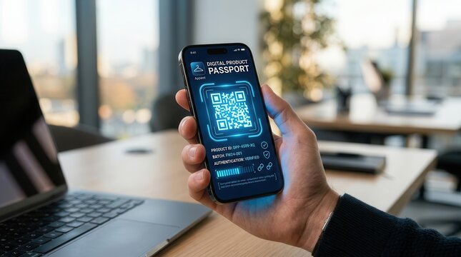 A person holding a mobile phone displaying a digital product passport interface with a QR code.