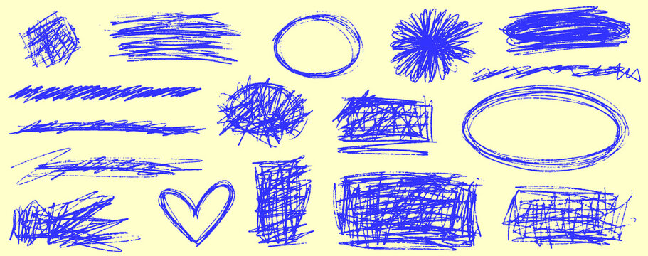Free messy pen drawing with scratch accents, squiggle guides doodle, line and circle create an illustration rich in texture and chaos.