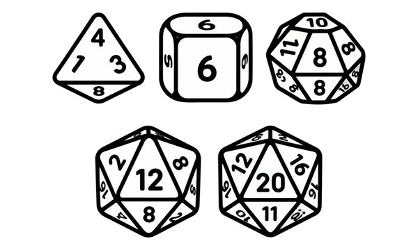 RPG Dice Set Line Art Vector Icons for Tabletop Gaming