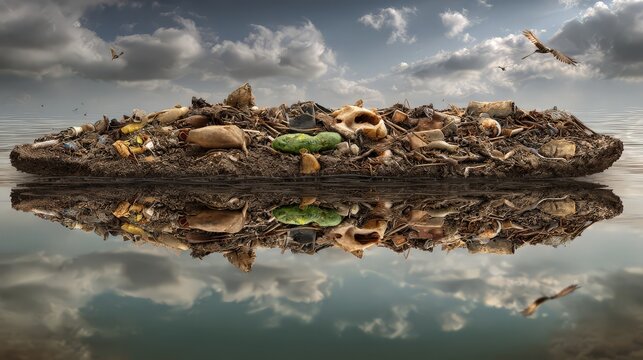 A polluted landscape showcasing waste on the water's surface.