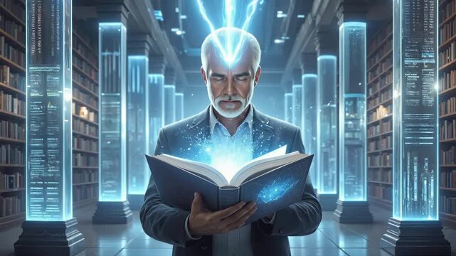 Futuristic scholar reading glowing book in digital library. Static medium shot.