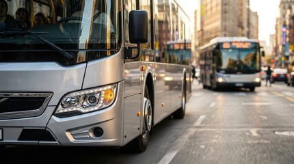 Fototapeta premium A vibrant urban setting featuring modern city buses in motion.