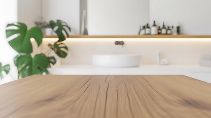 Fototapeta premium a modern Scandinavian-style bathroom interior featuring light wood accents, white tiles, and a sleek vanity. 