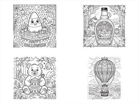 Black and white, whimsical illustrations, doodle style, 4 square scenes, cute animals, objects, hot air balloon, bear, egg, bottle