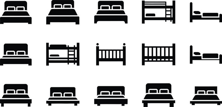 Comprehensive collection of black and white vector icons representing different types of beds
