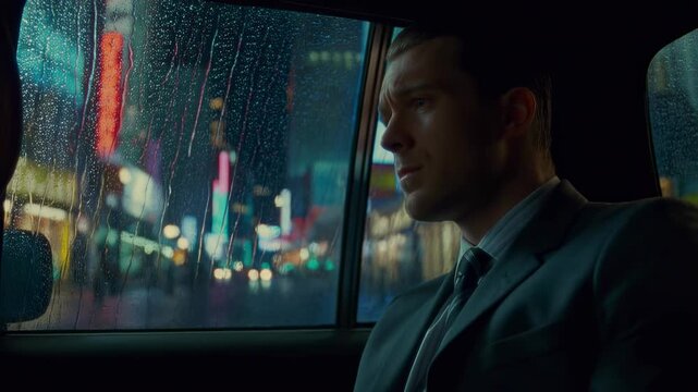 Pensive businessman gazing out of a rain-soaked car window in a vibrant city at night. Reflects contemplation and urban life amidst a bustling environment