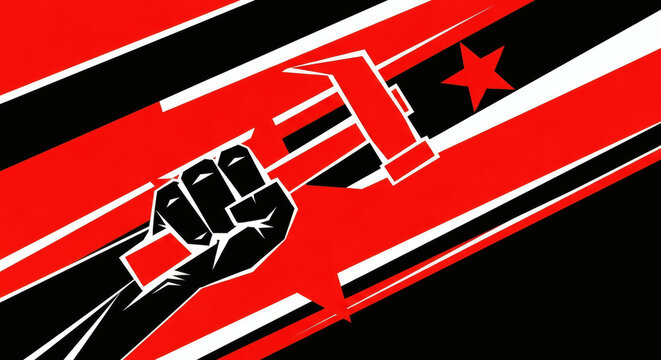 Revolution constructivist poster style illustration of a clenched fist holding a hammer, symbol of labor and power