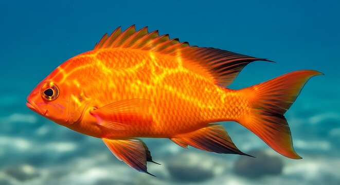 Vibrant Goldfish Swimming in Clear Blue Water, Close-Up.
