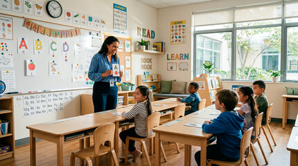 Fototapeta premium Teacher leading a fun alphabet lesson with diverse young students in a bright classroom
