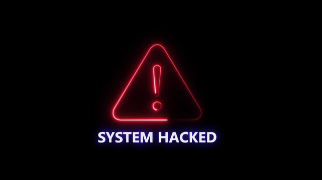 Danger risk alert stop error SYSTEM HACKED warning attention sign. Glowing neon text icon animation. glowing neon sign