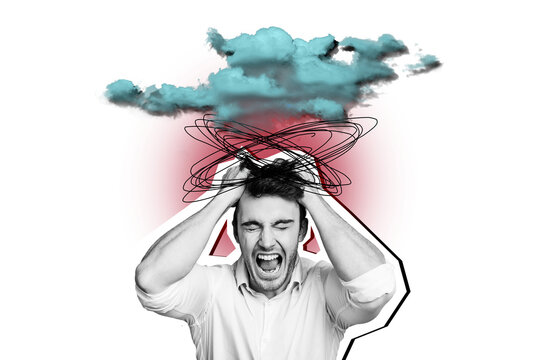 Composite photo collage of angry man tear hair psychological problem work stress deadline business failure isolated on painted background