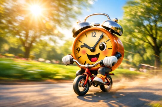 Anthropomorphic alarm clock character cheerfully riding a small red bicycle along an outdoor path, creating motion blur, symbolizing the concept of time moving quickly