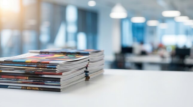 A stack of colorful magazines placed on a table in a professional office environment.
