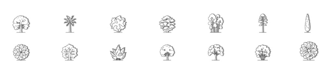 Side View Tree and Plant Vector Set, Side Elevation Minimalist Botanical Outlines with White Fill for Architectural Plans and Landscape Drafting © MkJutt