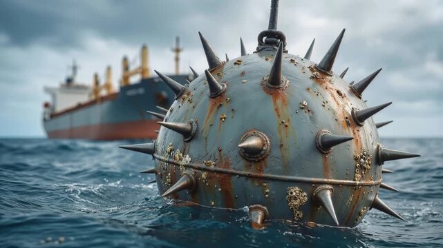 Naval mine floating in ocean water with oil tanker in background. Concept of maritime security and naval warfare. Panning camera shot.