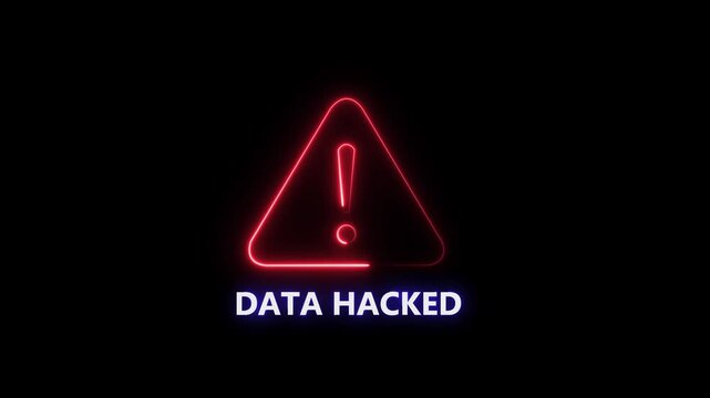 Danger risk alert stop error DATA HACKED warning attention sign. Glowing neon text icon animation. glowing neon sign