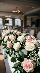 Obraz premium Elegant wedding reception table centerpiece with abundant pink and white roses and eucalyptus greenery on a white tablecloth, soft bokeh background
