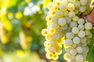 Fototapeta premium Close up of ripe green grapes hanging on a sunny vineyard