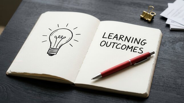 Handwritten text reading learning outcomes next to a light bulb illustration in an open notebook.