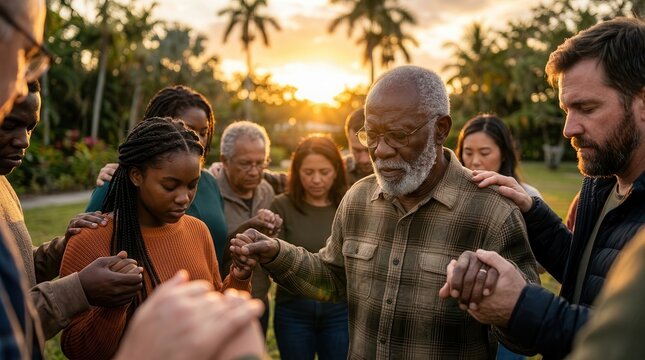 Diverse people praying in a circle outdoors to symbolize hope and community support.