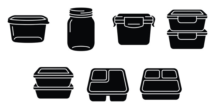 Various food storage containers and a glass mason jar depicted as silhouettes are perfect for illustrating concepts of meal preparation, kitchen organization, and healthy eating habits