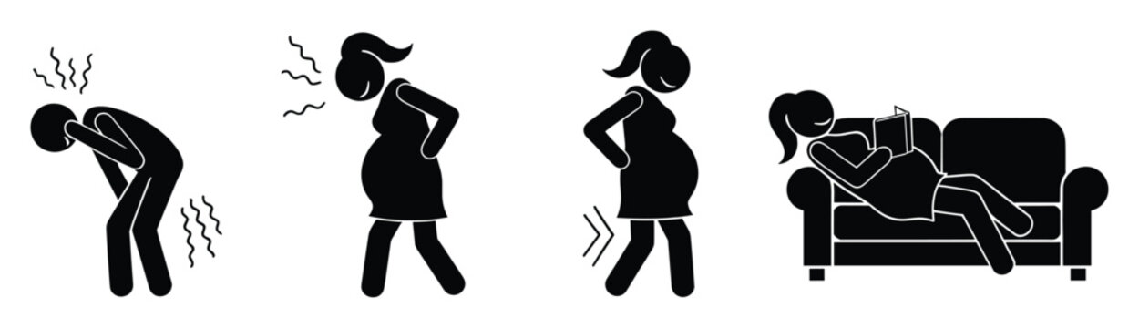 Black stick figure graphics illustrating common pregnancy symptoms like morning sickness and back pain, transitioning to an expectant mother relaxing on a sofa, useful for health and
