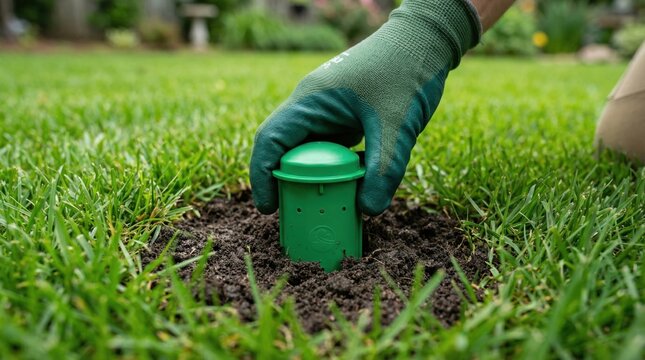 Hand in glove installing green termite bait station in garden soil. Professional pest control service protecting home from infestation. Suitable for landscaping or home maintenance articles.