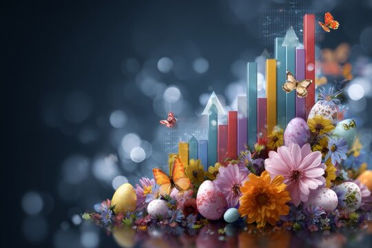 Easter vibes: a symphonic scene of flowers and festive decor. Revenue increase. Intricate scene with butterflies and dew amidst spring holiday decor. Investment growth. Sales analytics.