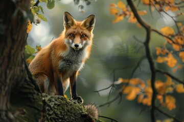 Fototapeta premium Wild red fox resting on a mossy branch in the woods during fall season