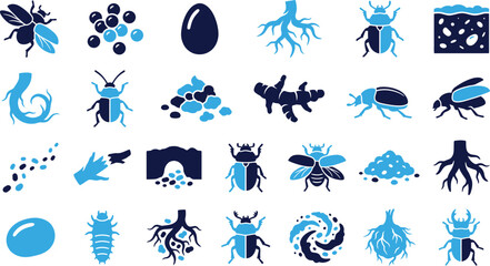 Insects and plant roots icons in blue and navy simple flat style. © Icon Set