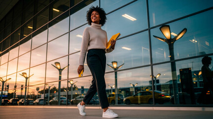 Obraz premium Smiling businesswoman walking confidently with a folder and phone near a modern glass building