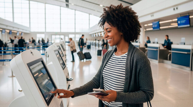 Smiling woman using airport self-service kiosk for check-in and boarding pass