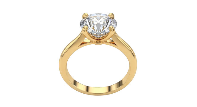 A classic solitaire engagement ring with a round brilliant cut diamond set in 14k yellow gold isolated on transparent background