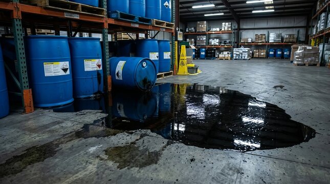 Dangerous liquid leakage from storage containers causing a mess in a factory environment.