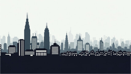 Fototapeta premium A vector 2D CAD illustration of a city skyline at night featuring buildings and skyscrapers