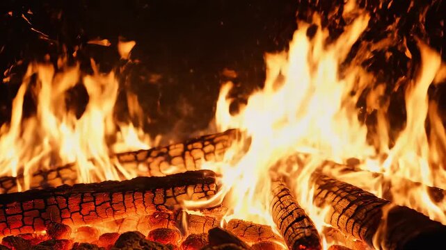 Wood burning in a fire with glowing embers for commercial advertising, marketing campaigns, and creative projects