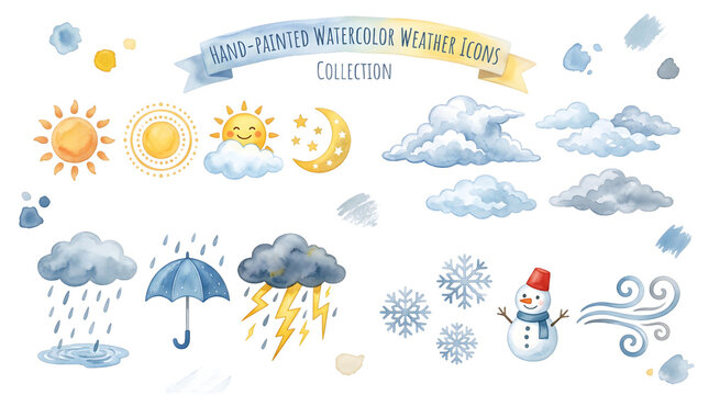Cute hand-painted watercolor weather icons collection featuring sun, clouds, rain, storm, snow, and wind symbols on transparent background for kids education, planners, stickers, scrapbooking