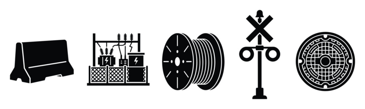 Diverse set of essential infrastructure and utility black glyph icons featuring traffic barrier electrical substation cable reel and railroad crossing with manhole cover for engineering