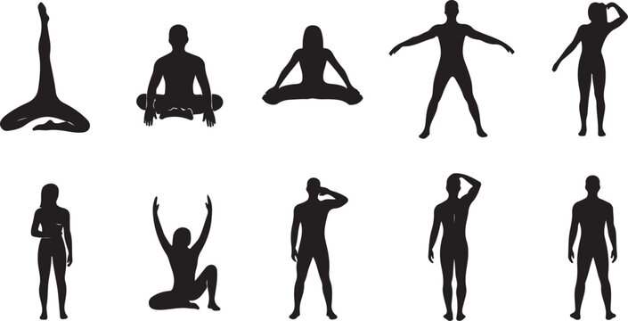 Silhouettes of people in various yoga poses sequence