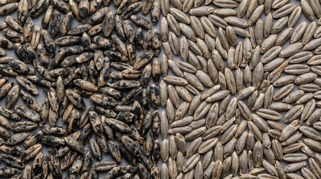 Black and white rye grains, agriculture, healthy food concept grain macro, seed texture, cereal top-down, food grain background, wheat seed macro, copy space