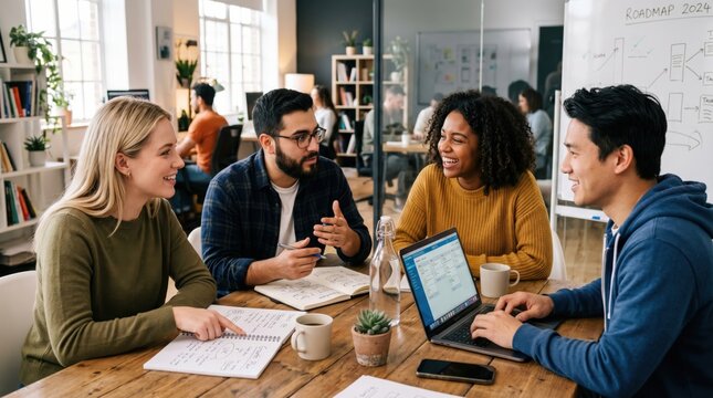 Diverse team collaborating and discussing around table with laptop in a bright, modern office.